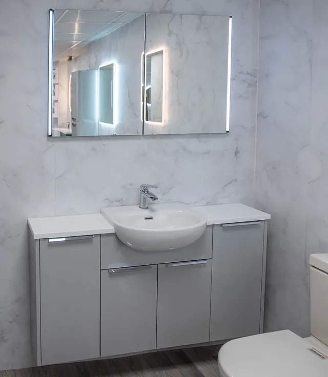 Oak vanity unit with two sinks